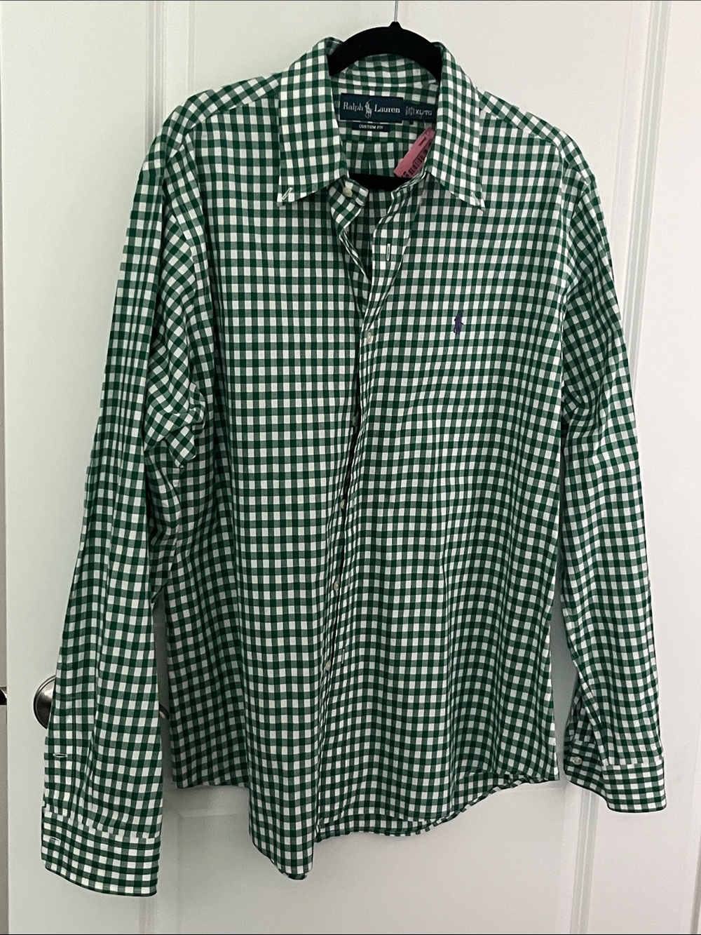 Ralph Lauren Men’s Emerald Green and White Gingham Button-Down Shirt Purple Pony
